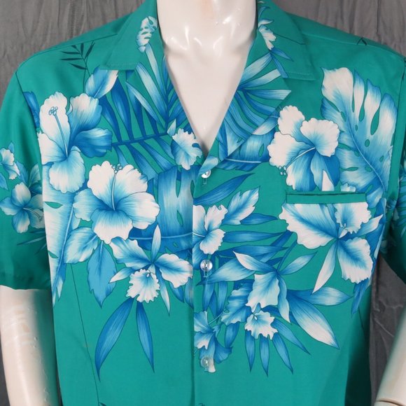 Vintage Hawaiian Shirt - Large Floral Pattern on Teal Base - Men's Large - Picture 2 of 8